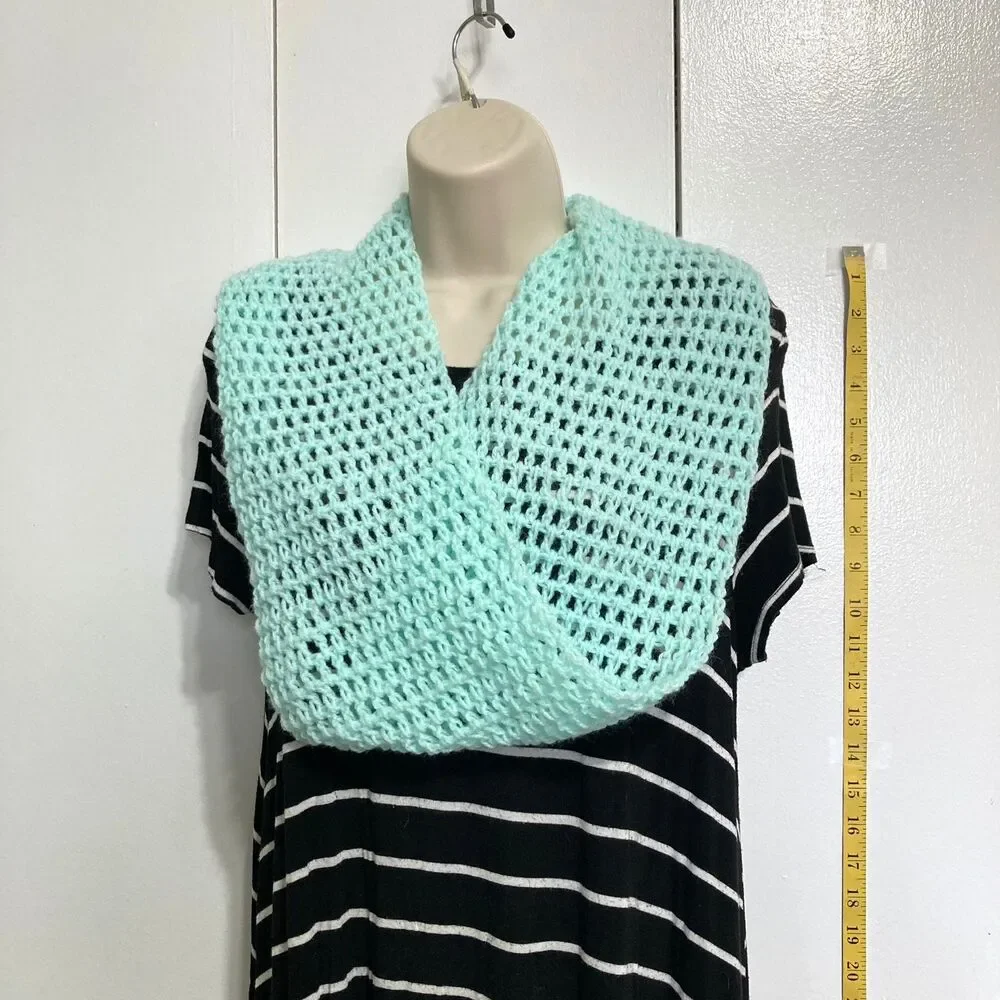 Infinity Scarf Light Teal Blue Windowpane Crochet Design 40 x 7.5 inches